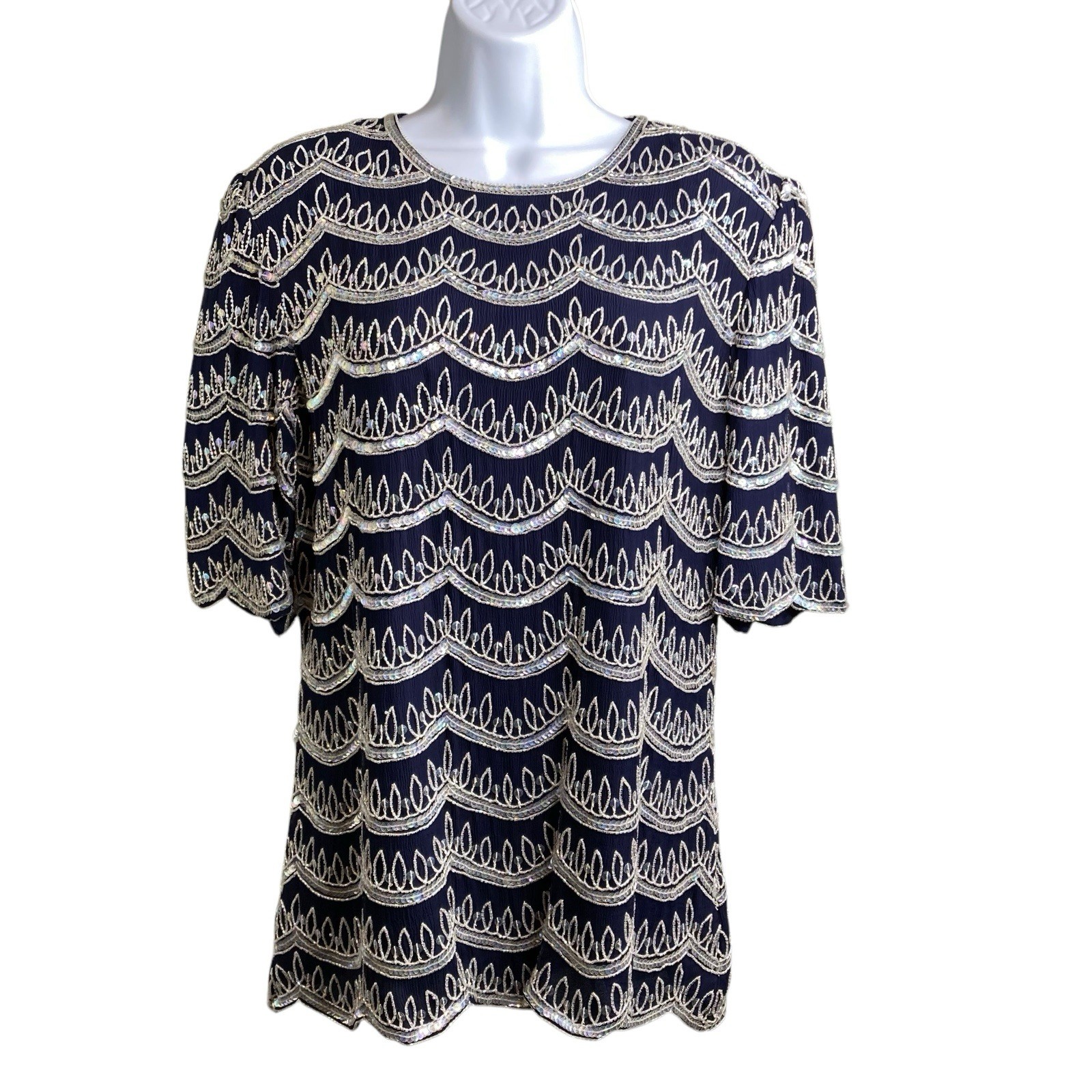 VTG 80s Frank Usher Navy 100% Silk Beaded Top Sz S Silver Sequin Evening Blouse