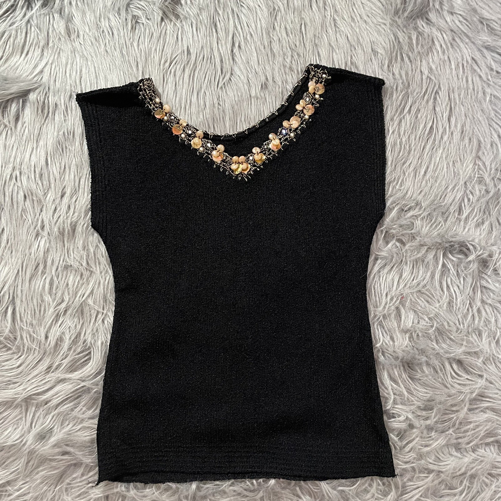 VTG 1960s Jane Colby Twiggy Tank Top Knitted Blouse Black Sequin Beaded Sz S