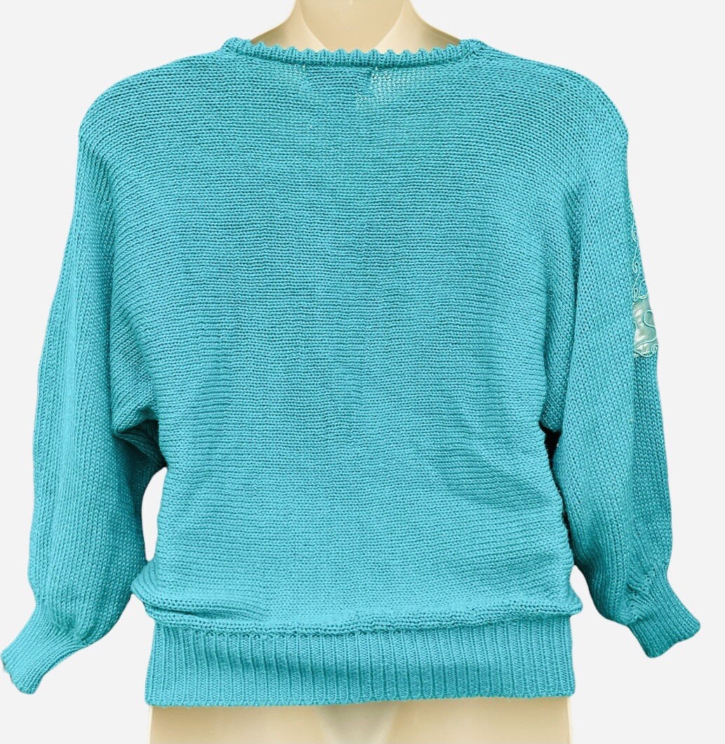 VTG 80s 90s Teal Metallic Embellished Gold Batwing Turtleneck Sweater Glam Retro