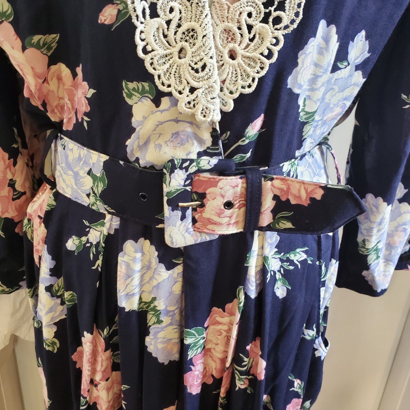 VTG Womens Dress Midi Sz L Belted Blue Floral Crochet Lace Cottagecore USA Made