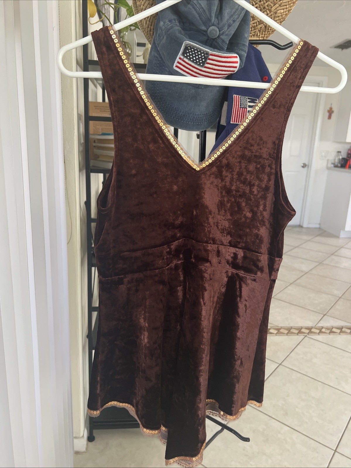 Vintage Express, Brown, Gold Sequins And Beads, Boho, Summer Top, Sz S. Sweet!