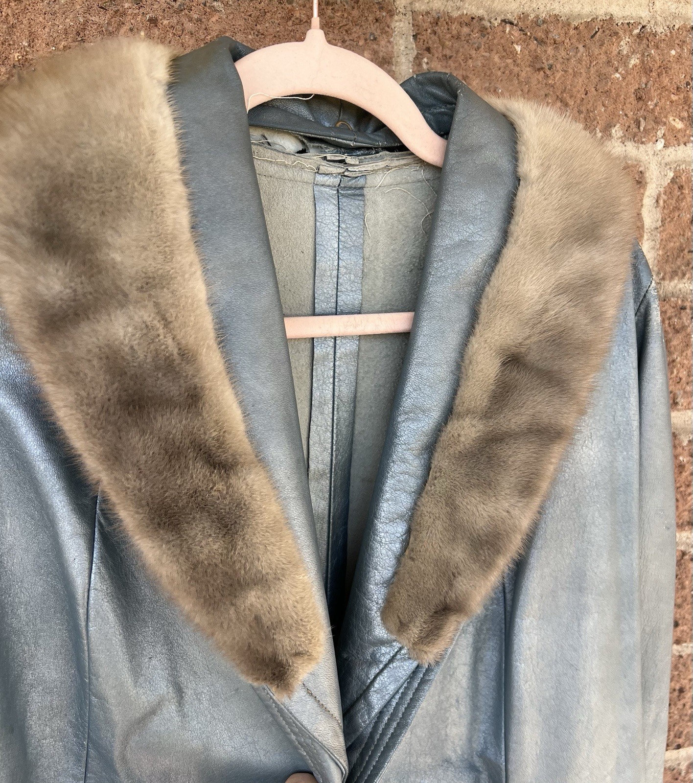 Vintage Shiny Blue Leather Coat w/ Fur Collar – No Lining or Brand, Still Sweet