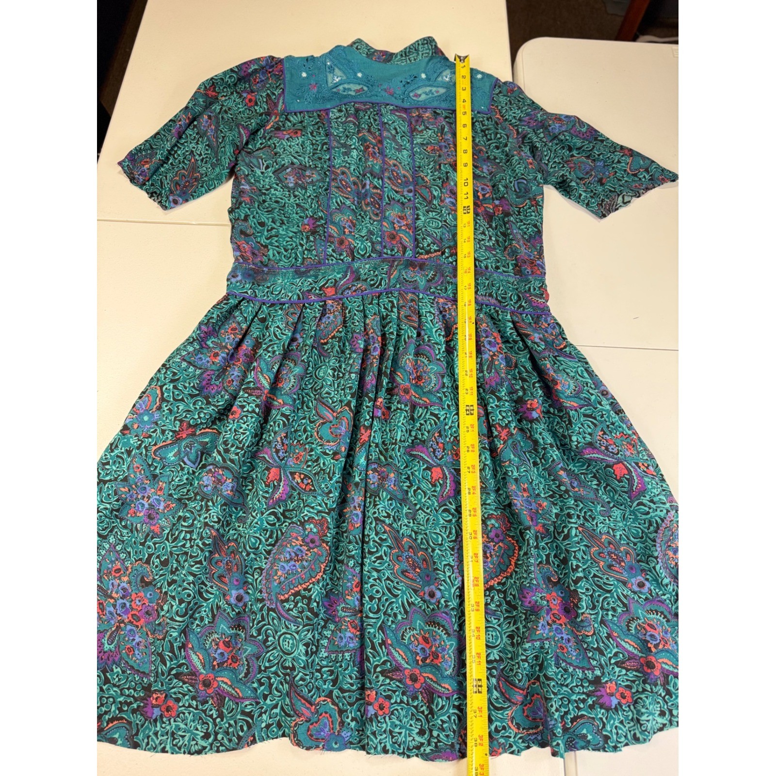 Vintage Phool Paisley Midi Dress Teal Purple Mock Neck Short Sleeve India M