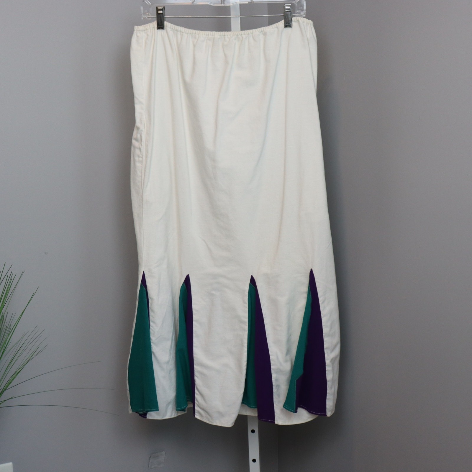 Tipicano White Cotton Skirt L Flared Panels Green Purple Festival Mardi Gras
