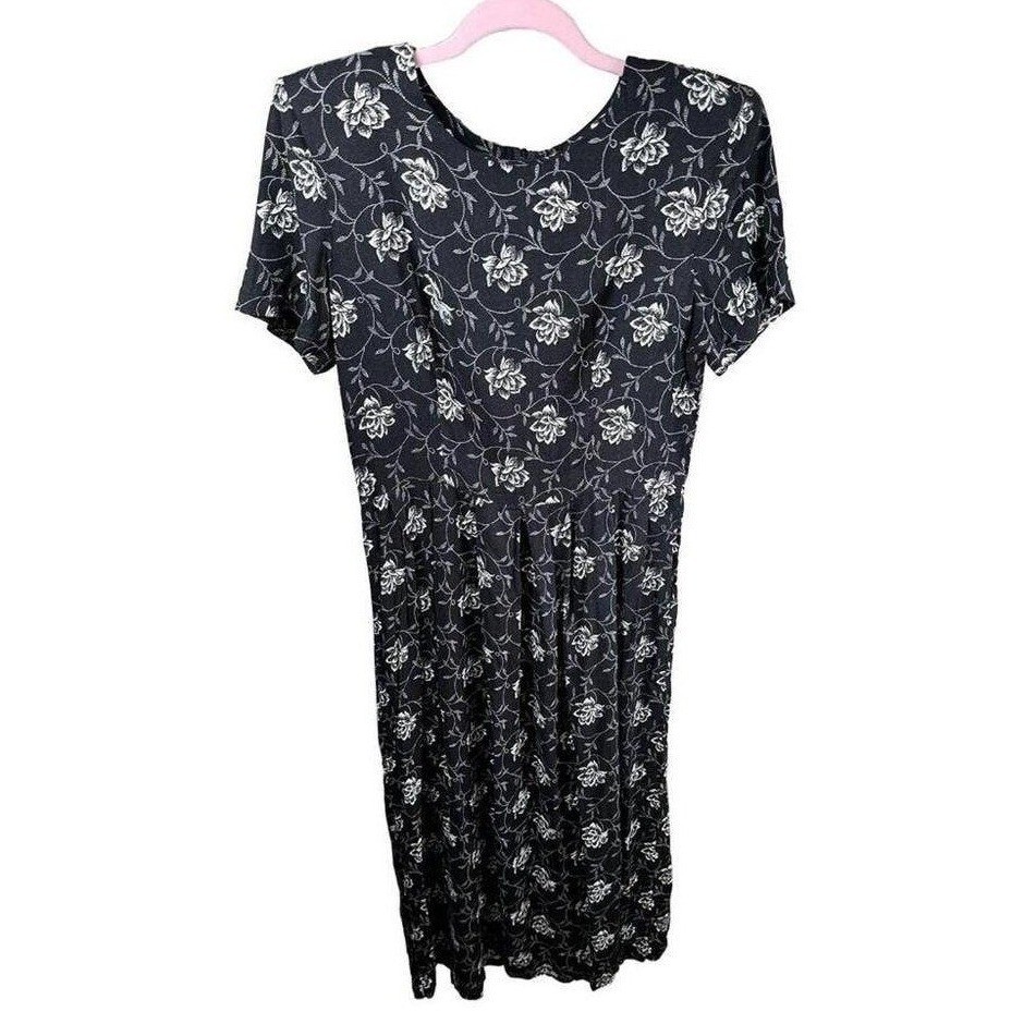 Vintage Brett Alixander Black White Floral Puff Sleeve Pleated Midi Dress Sz 10