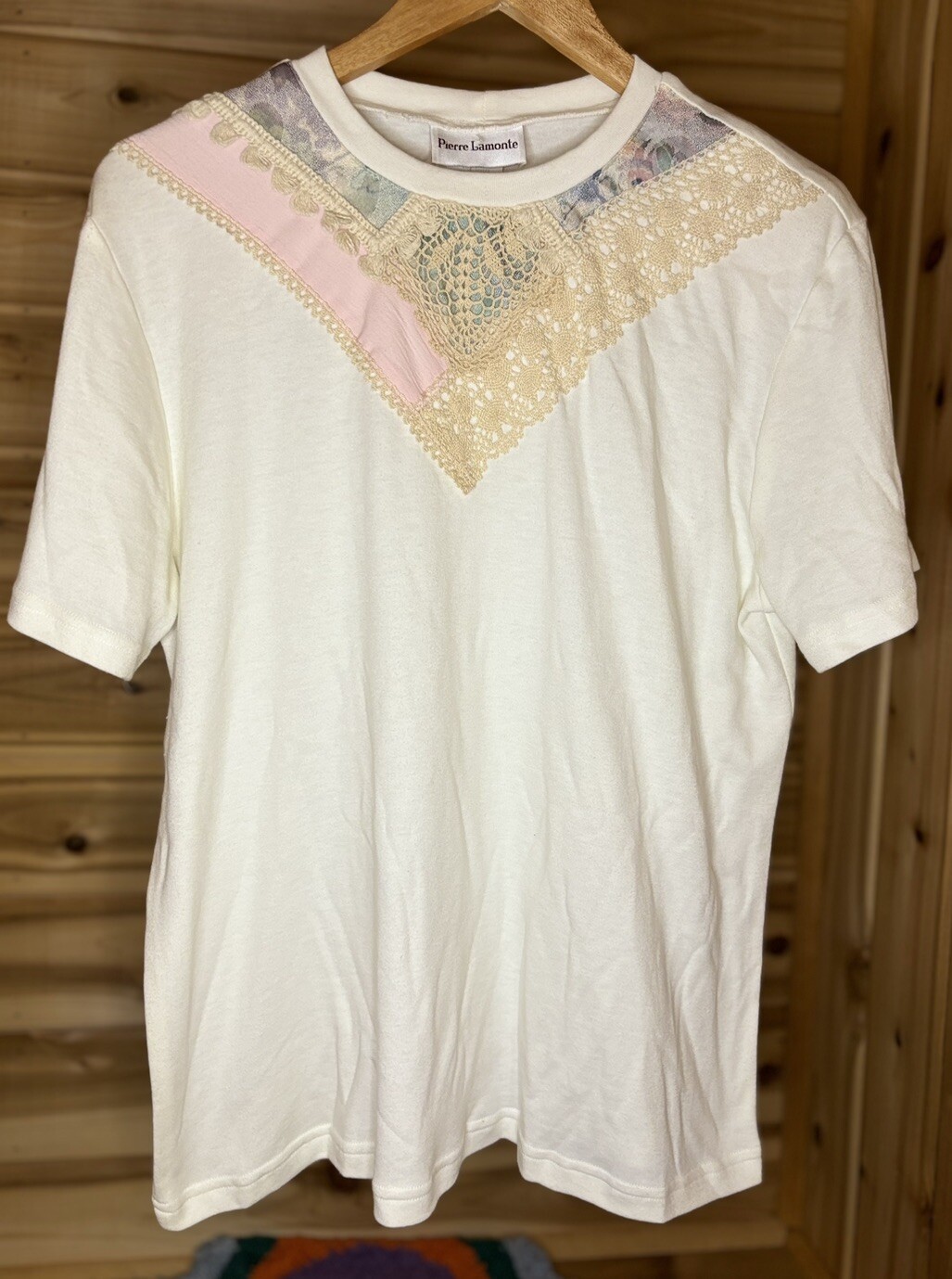 Vintage Womens Pierre Lamonte Patchwork Lace Cottagecore White Top Retro Sz M