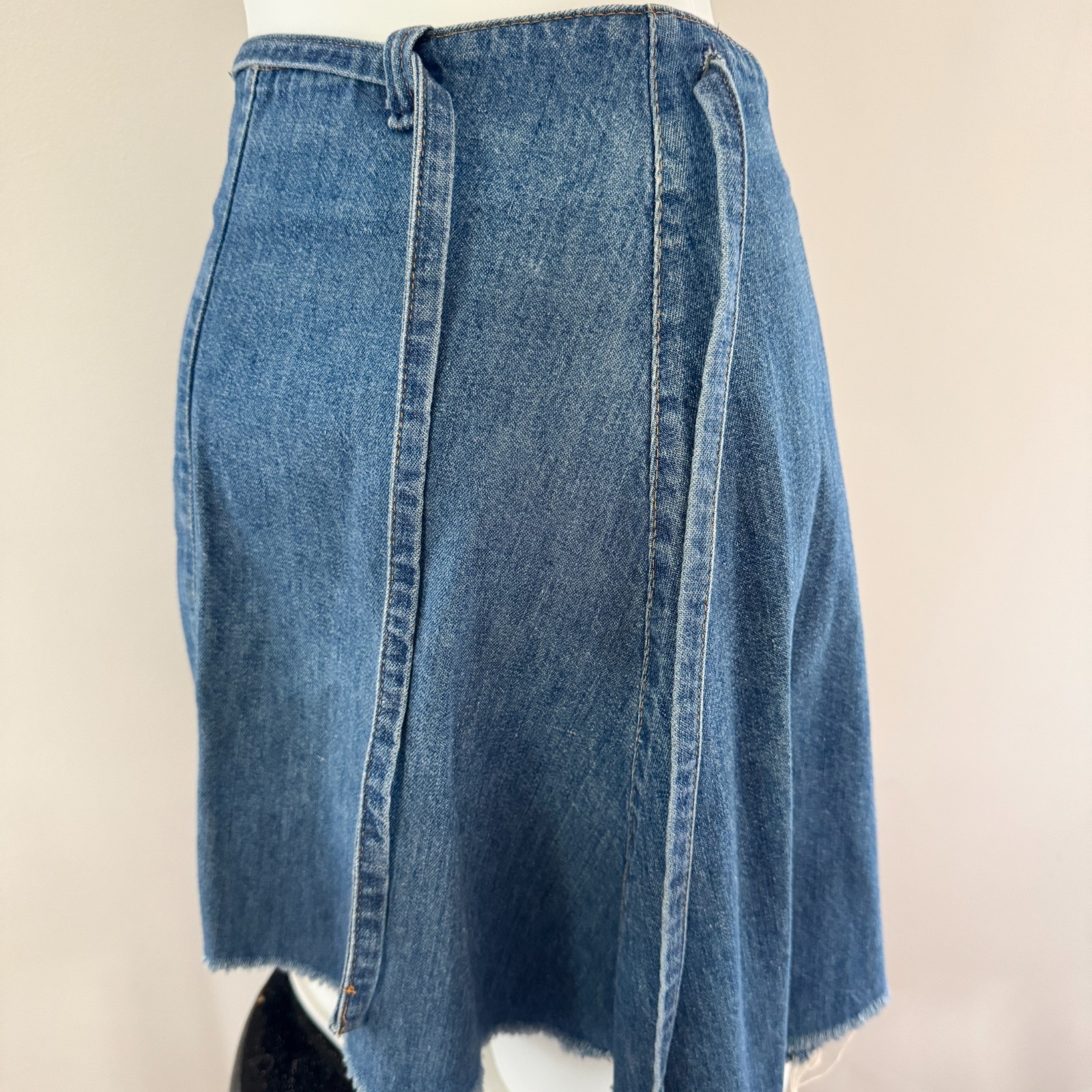 70s vintage UFO JEANS Denim Cut-off Wrap Mini Skirt USA NY American Flag Patch