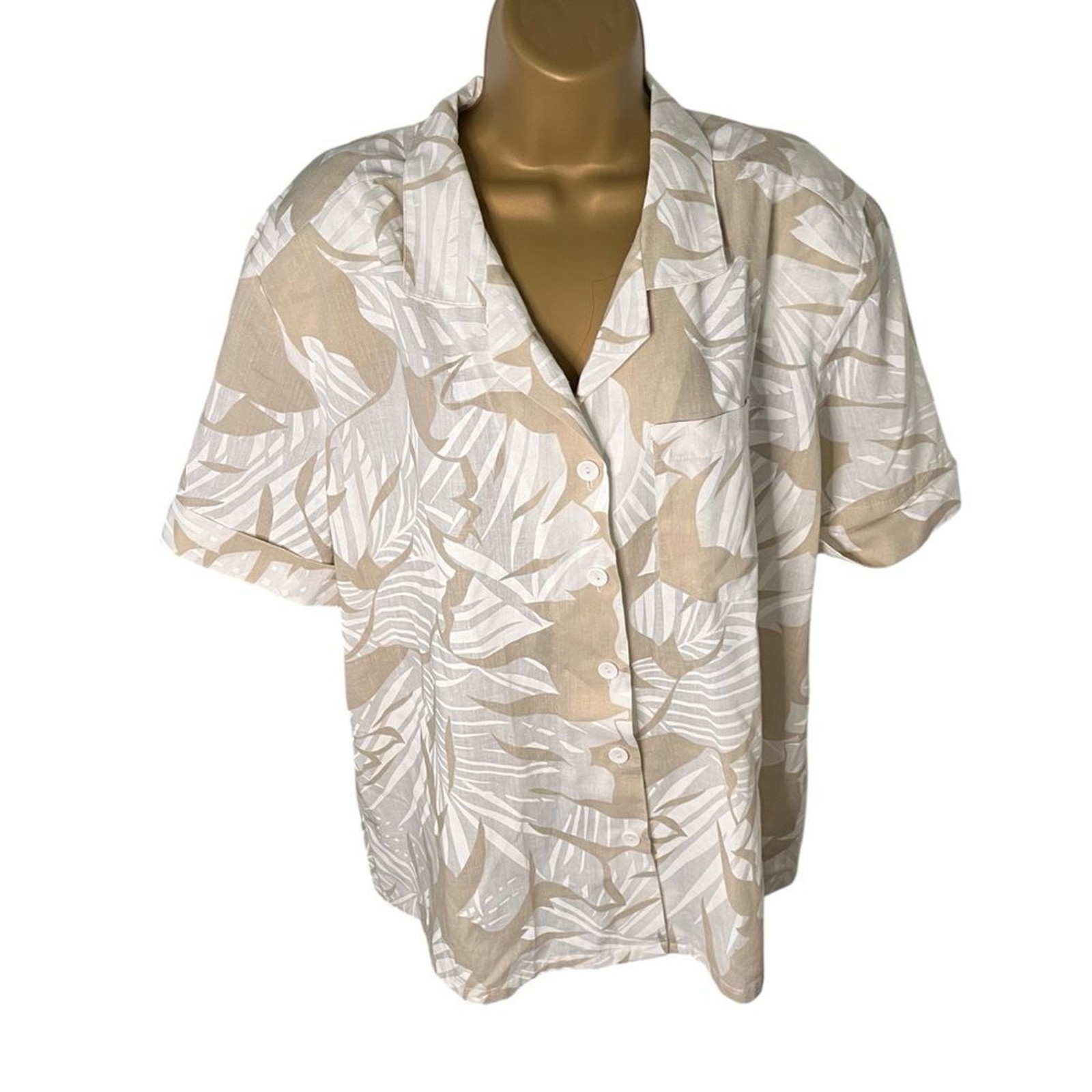 Vintage 80s Judy Bond Tropical Button Up Blouse Padded Shoulders Beige White 18