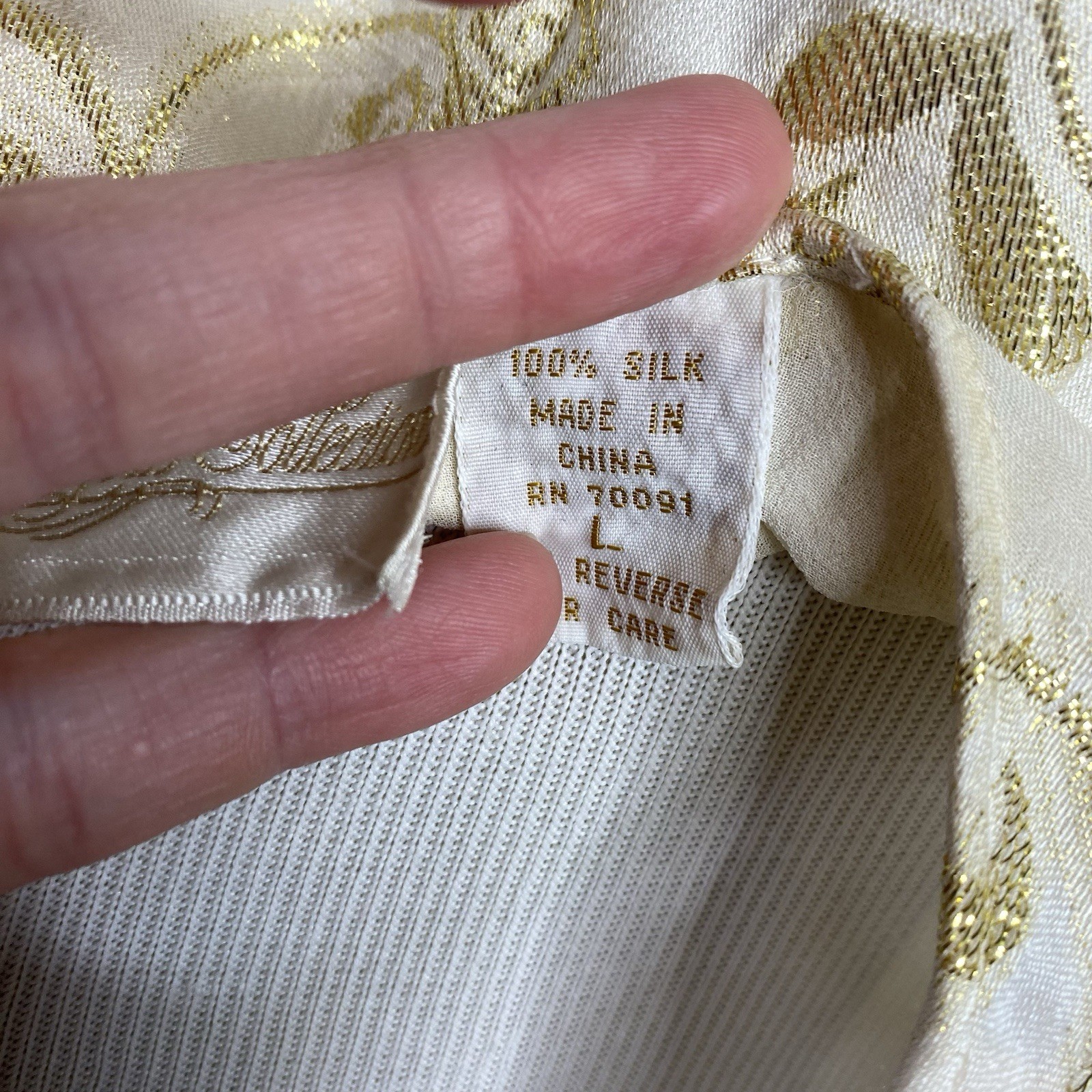Vintage Lingerie Collection Womens Size Large 100% Silk Cream Gold Kimono Robe