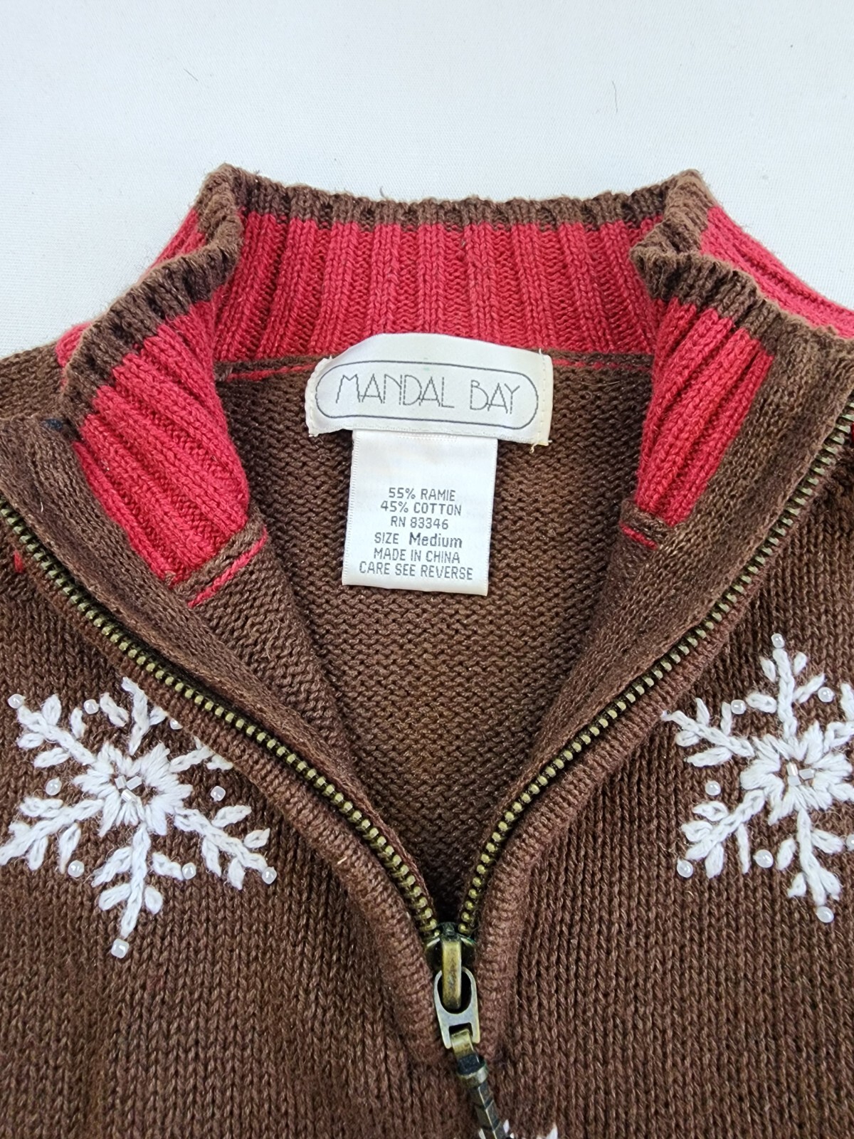 Vintage Mandal Bay M Ramie Blend Knit 1/4 Zip Sweater Xmas Beads Yarn Stitch