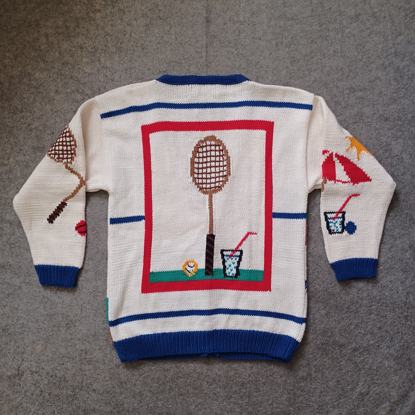 Vintage Lumy Cardigan Sweater Womens Large Tennis Game Theme Hand Knitted 80s