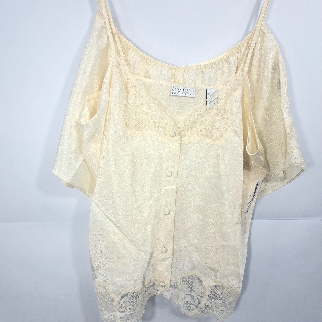 VTG Erika Taylor Intimates Cami Short Set Floral Satin Lace Buttons L Romance