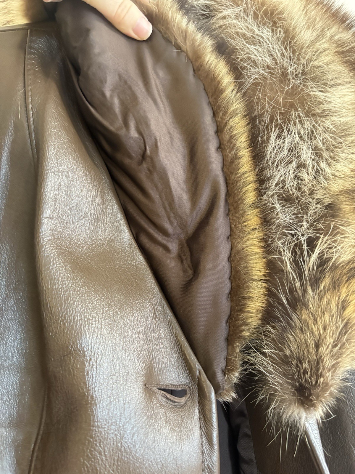70s Womens S Raccoon Fur Brown Leather Peter Caruso Belted Jacket Coat Vintage