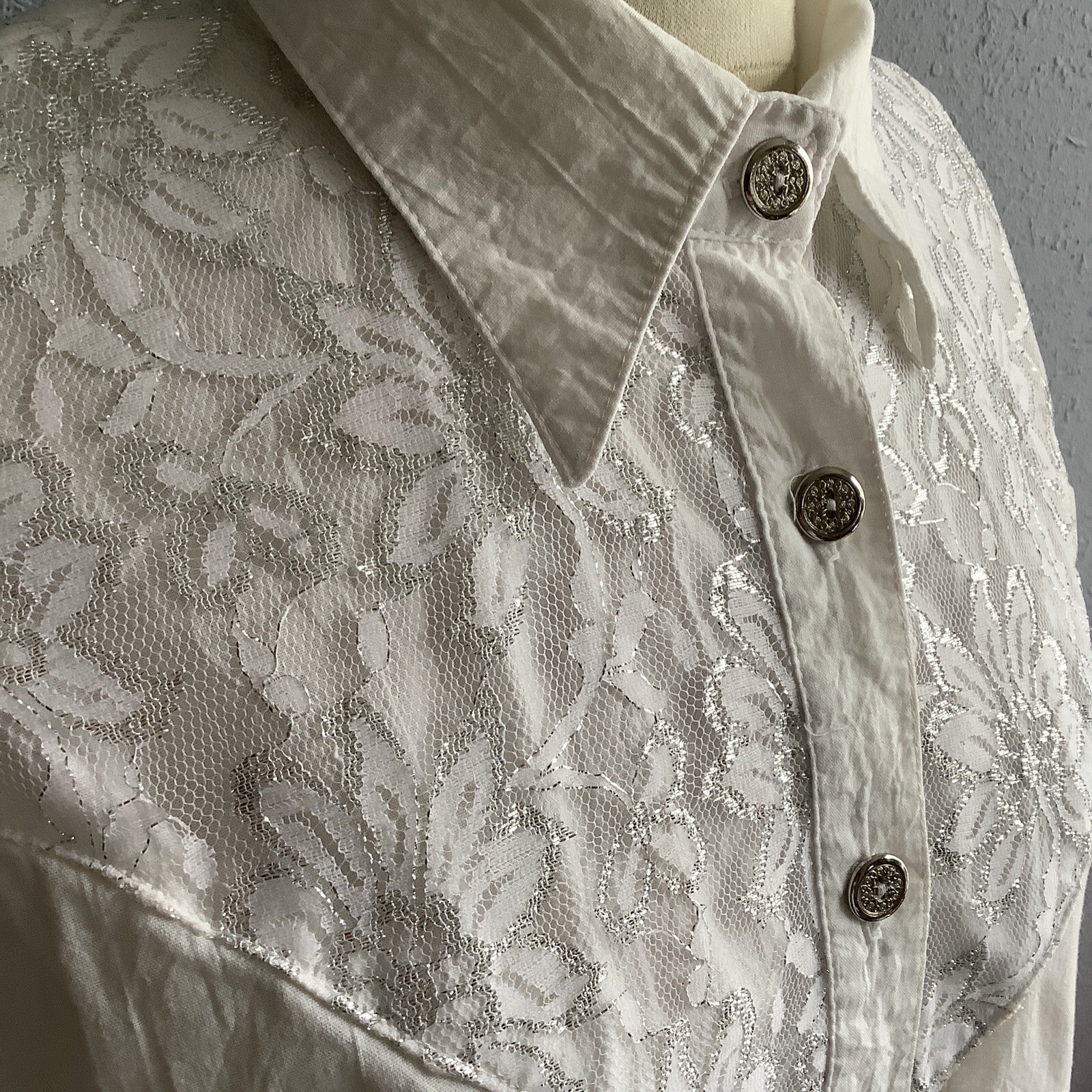 Vintage 80s Lilia Smitty White Long Sleeve Western Lace Metallic Bib Shirt MED