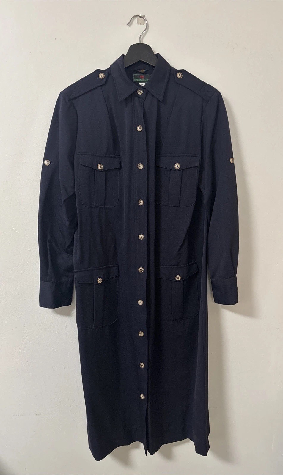 Vintage Abercrombie & Fitch Navy Blue Safari Trench Dress 1960s 1970s Green Tag