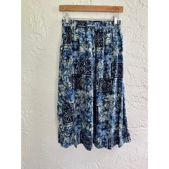 Melrose Petite Silk Skirt Womens Small Vintage Blue Abstract Midi