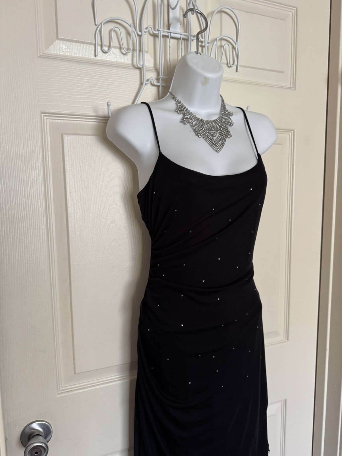 90’s Y2K Vintage Black Rhinestone Jumpsuit Sheer Overlay Made In USA, Size XS-S