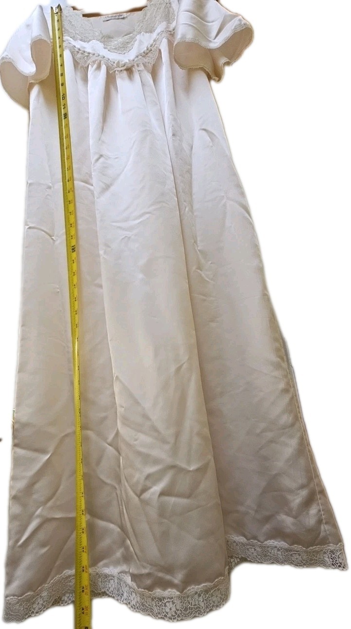 Vtg Christian Dior Silky Poly Satin Long Gown Ivory Pink Lace Detail ?Medium?