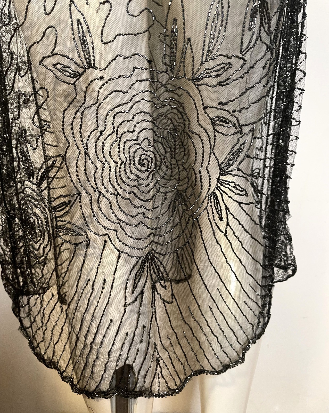 Antique 30s Art Deco Black Lace Sheer Beaded Dress S XS Floral Holes
