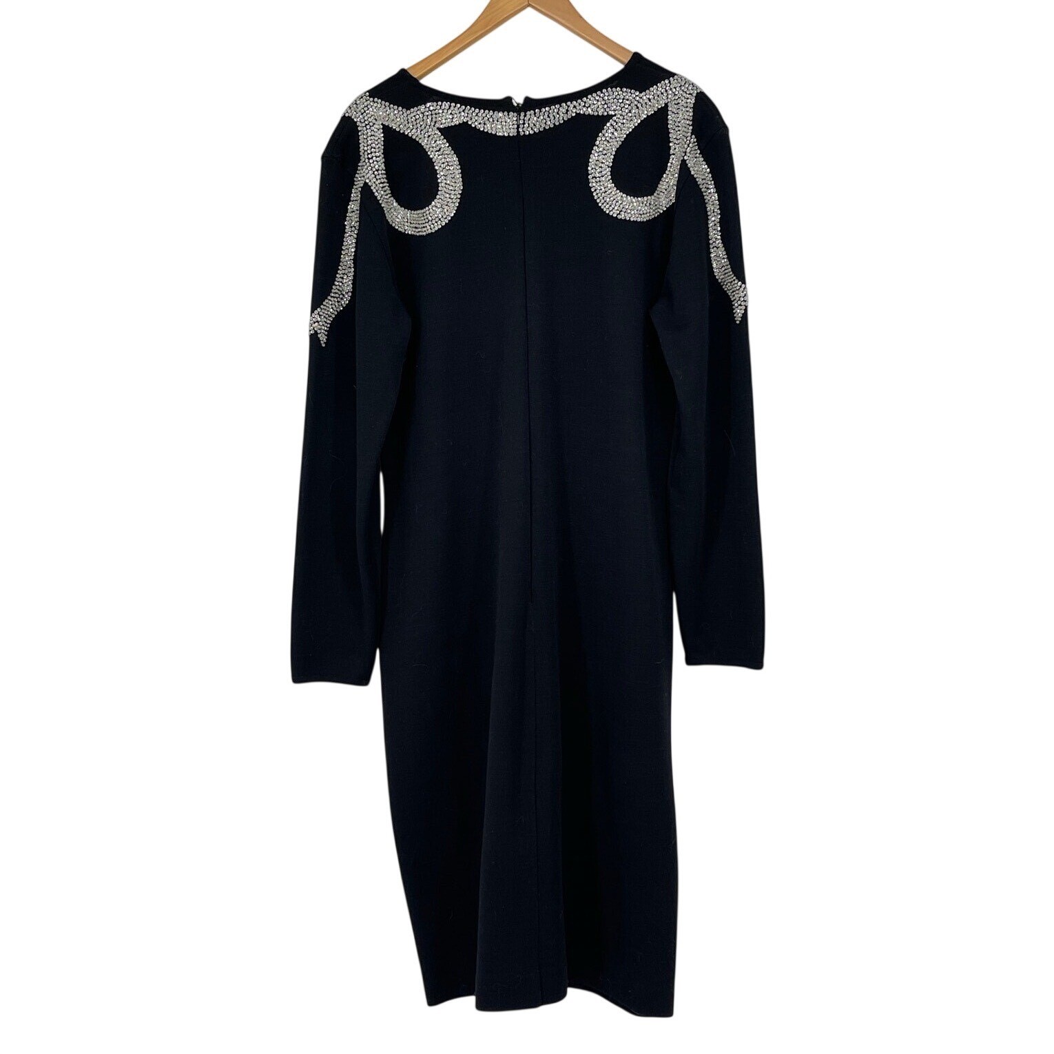 VTG Adrienne Vittadini Wool Beaded Bow Dress Black Long Sleeve 80s Sz 14 Evening