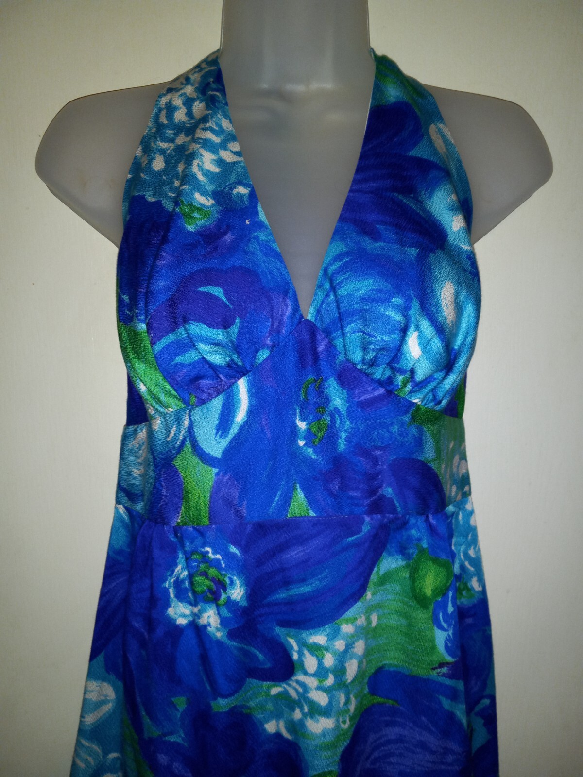 Vintage 60s Hale Aloha Tiki Oasis Hawaiian Blue Floral Barkcloth Halter Dress XS