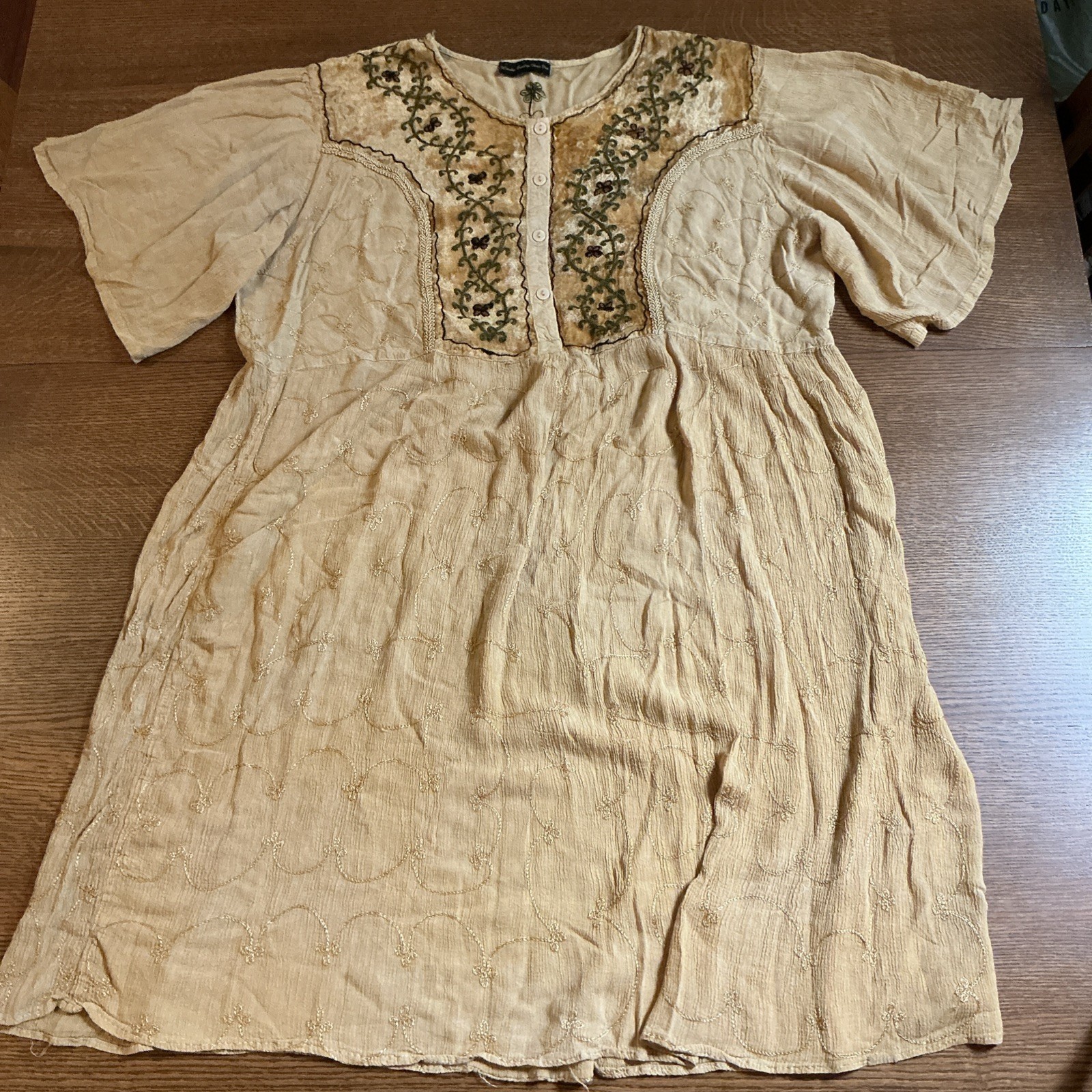 BRENDA’S EVENING WEAR Vintage Tan Boho Embroidered Midi Dress Velvet Mixed Media