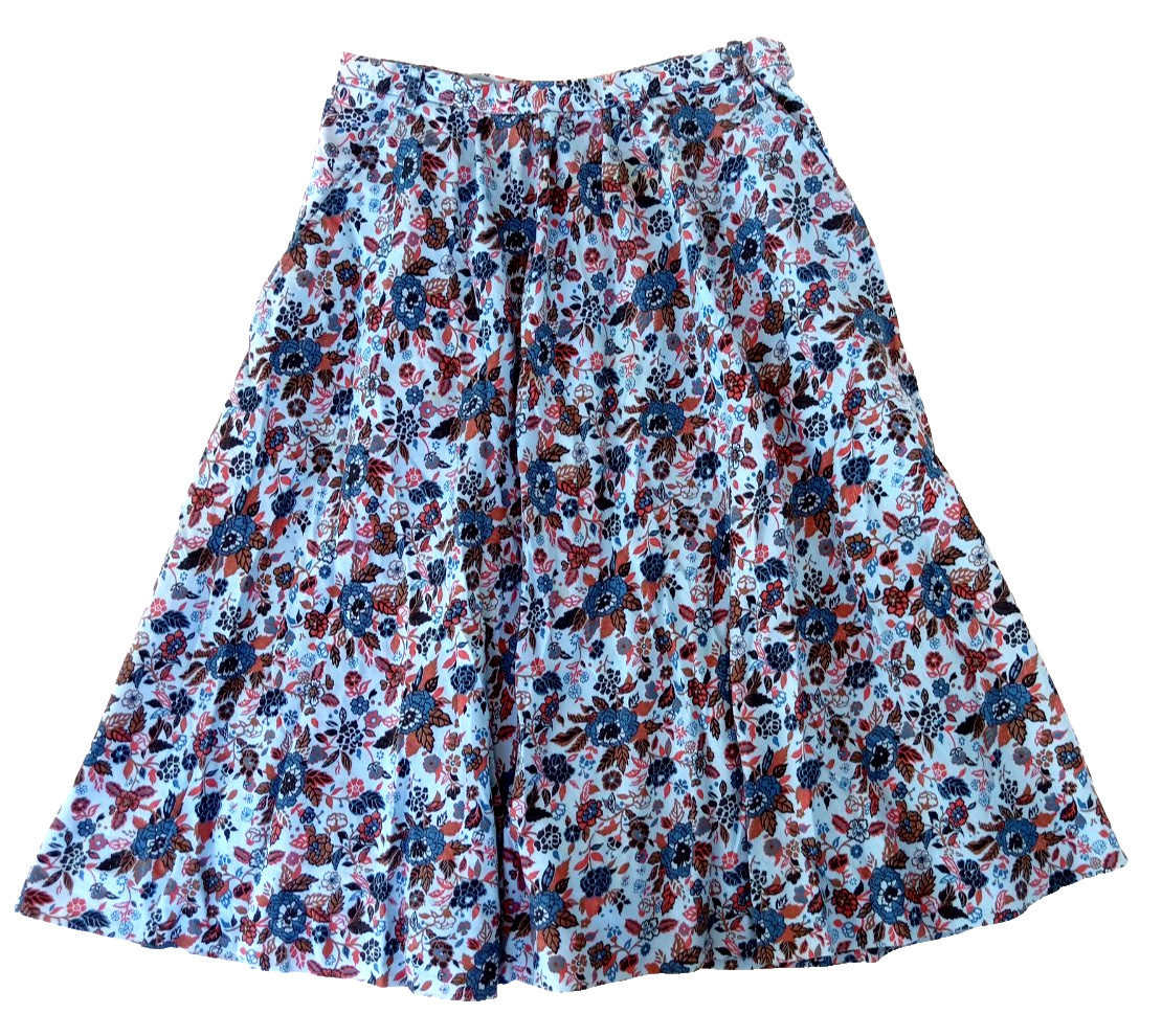 Vintage 1970s Blue Floral Midi Skirt 27” Waist Small Cottage Core Cotton