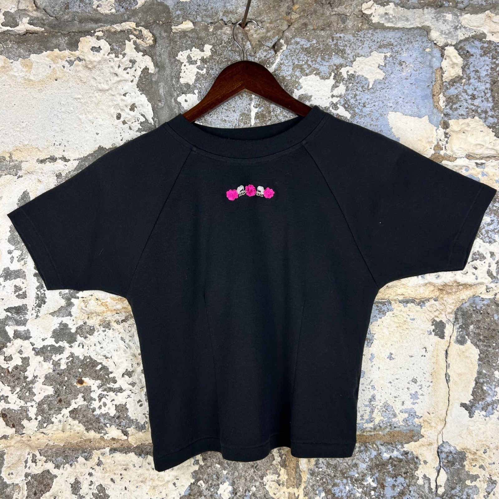 Vintage Action Sport Black Short Sleeve Floral Embroidered Raglan Top Large