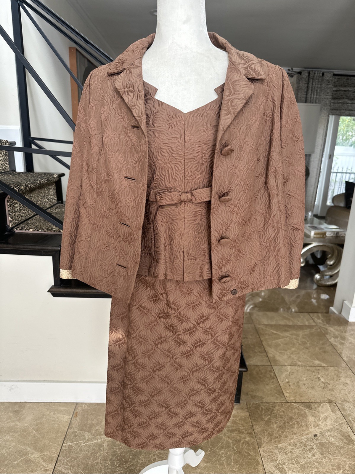 Sophie Gimbel Couture For Saks 50s Mocha Brown Silk Matelasse 3 Piece Skirt Suit