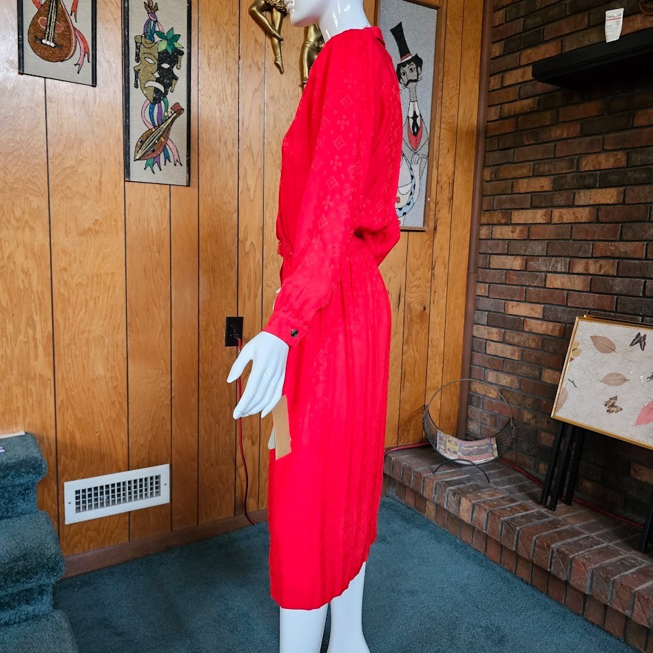 Vtg 80s Silk Jacquard Secretary Liz Claiborne Lipstick Red Femme Boss Dress S/M