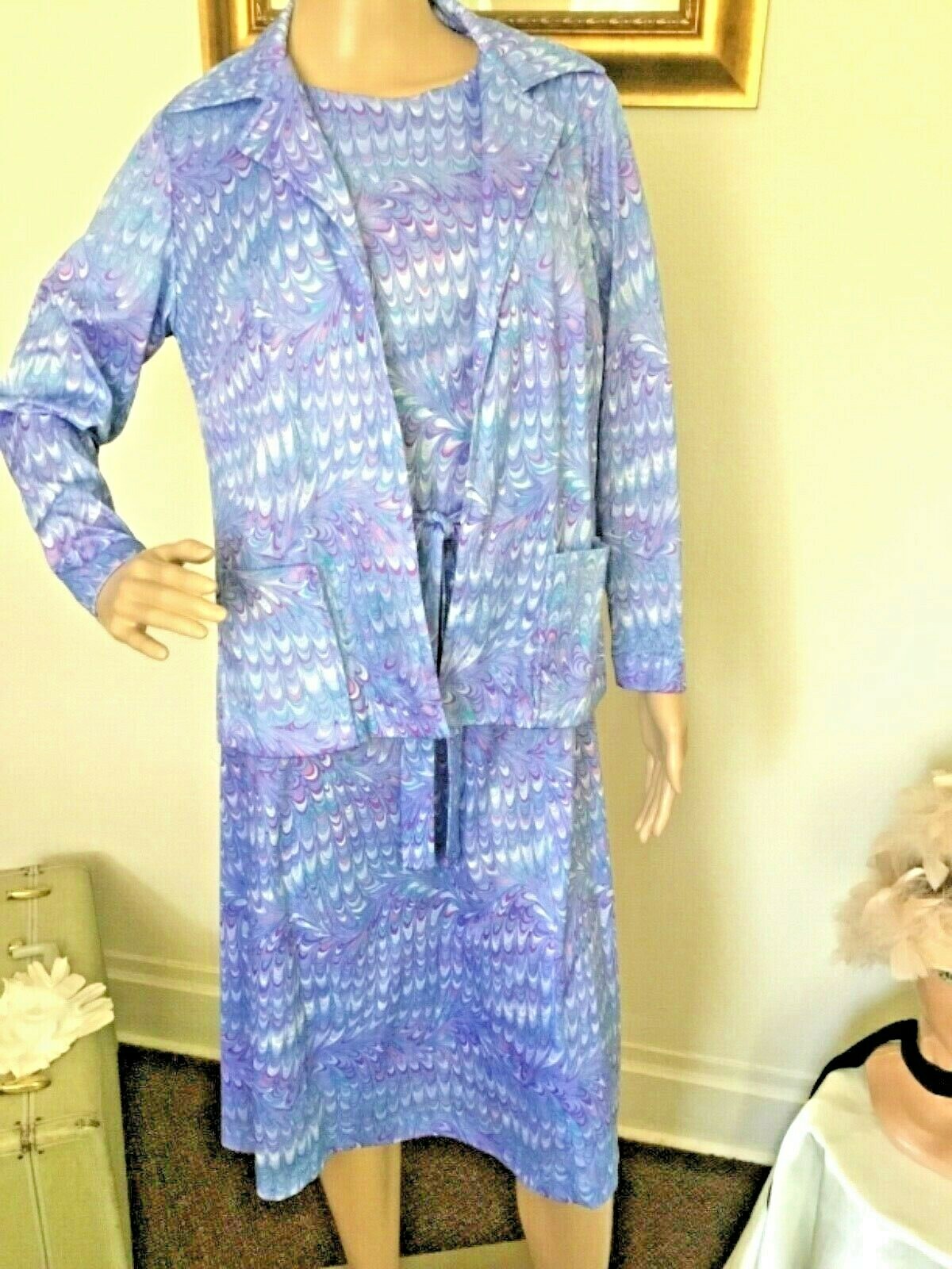 70’s Vintage Lavender Pink Psychedelic Splatter Shift Dress Jacket Set