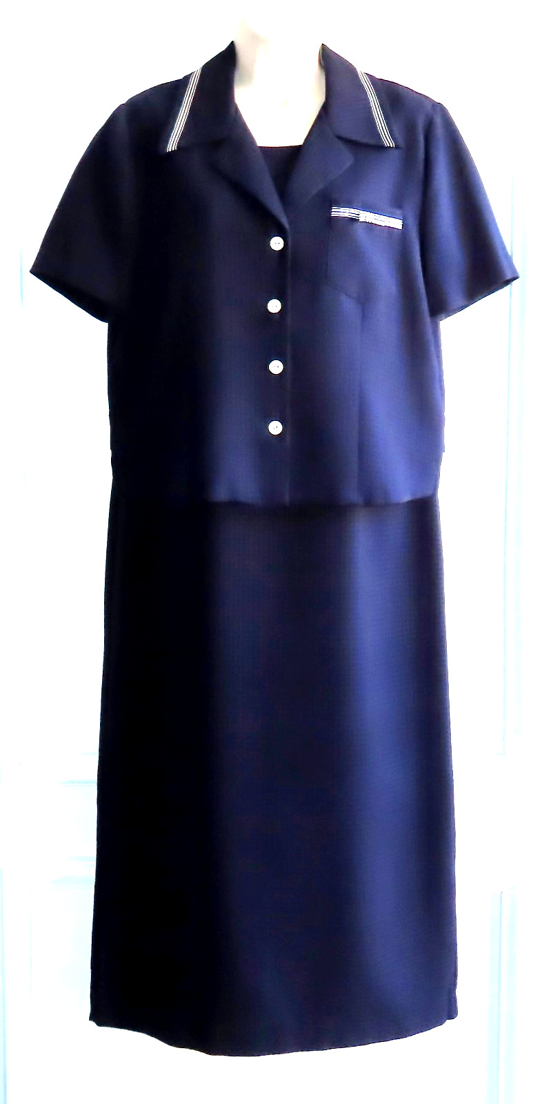 Vtg Miss Dorby 2-Pc Dress Suit Short-Sleeve Jacket & Sheath Maxi Dress, Navy 10P