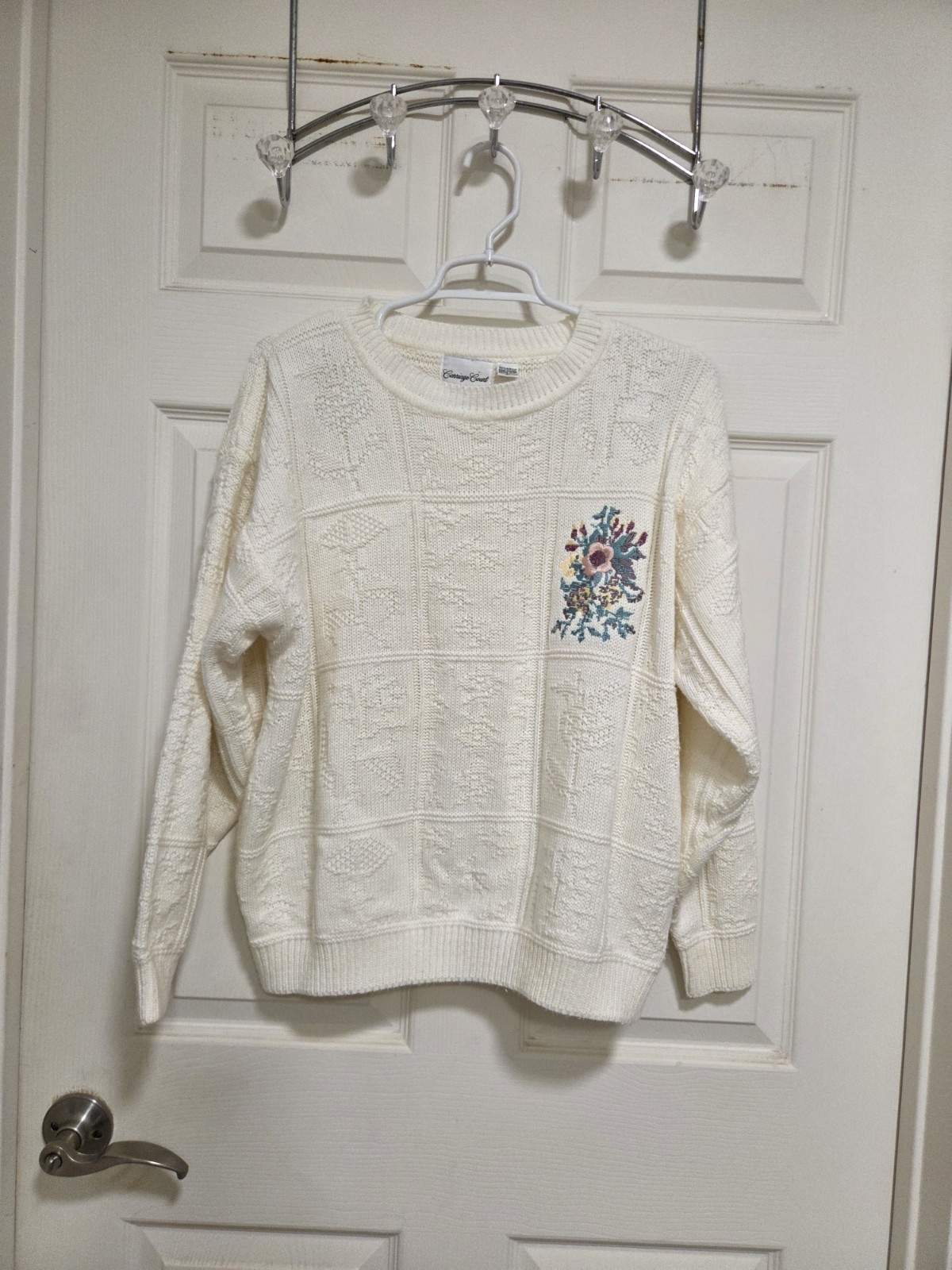 Vintage Carriage Court Floral Embroidered Patchwork Sweater Cream Large