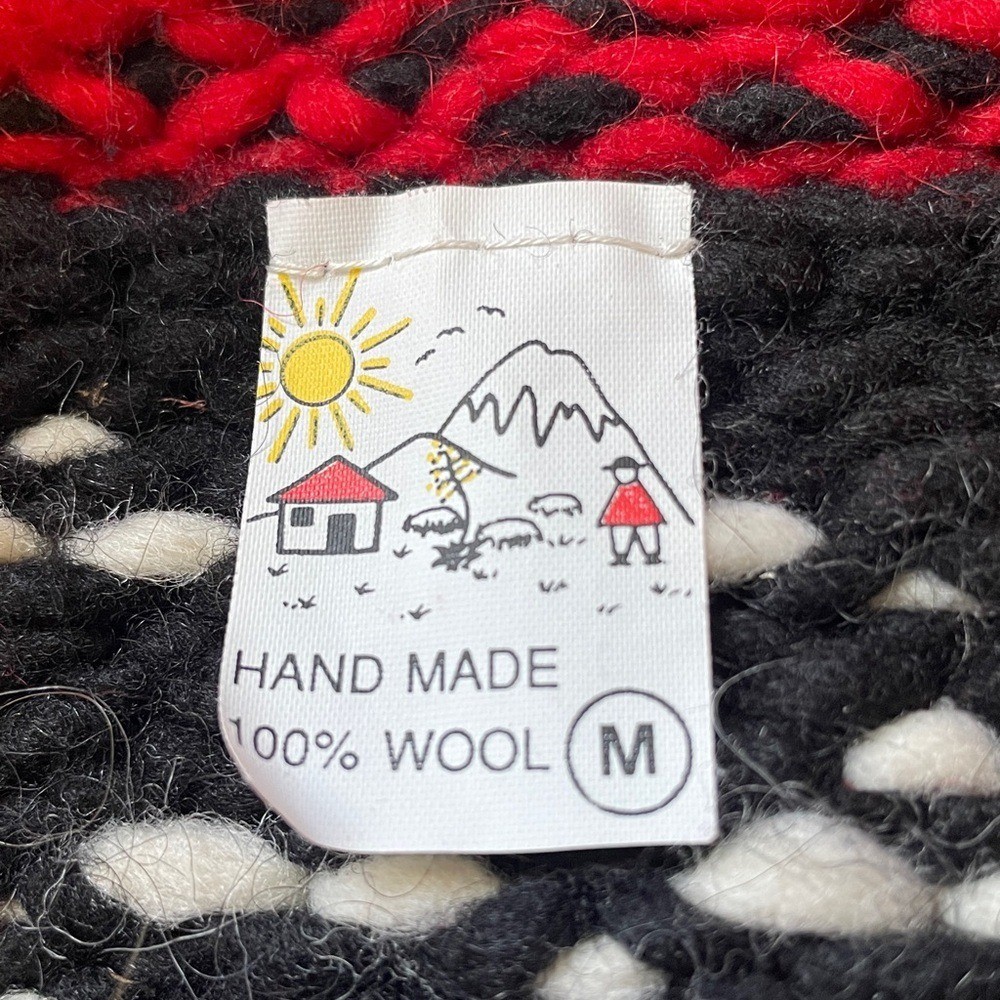 Vintage Unbranded Handmade Chunky Red & Black Zip-Up Wool Sweater Cardigan Sz M