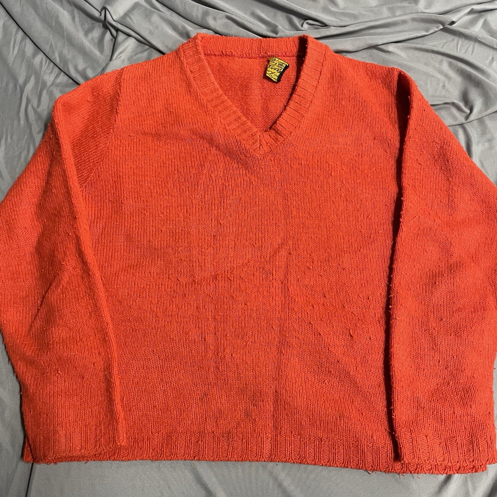 Vintage 60s 70s Sears Roebuck & Co Wintuk V Neck Orange Knit Sweater Size M READ