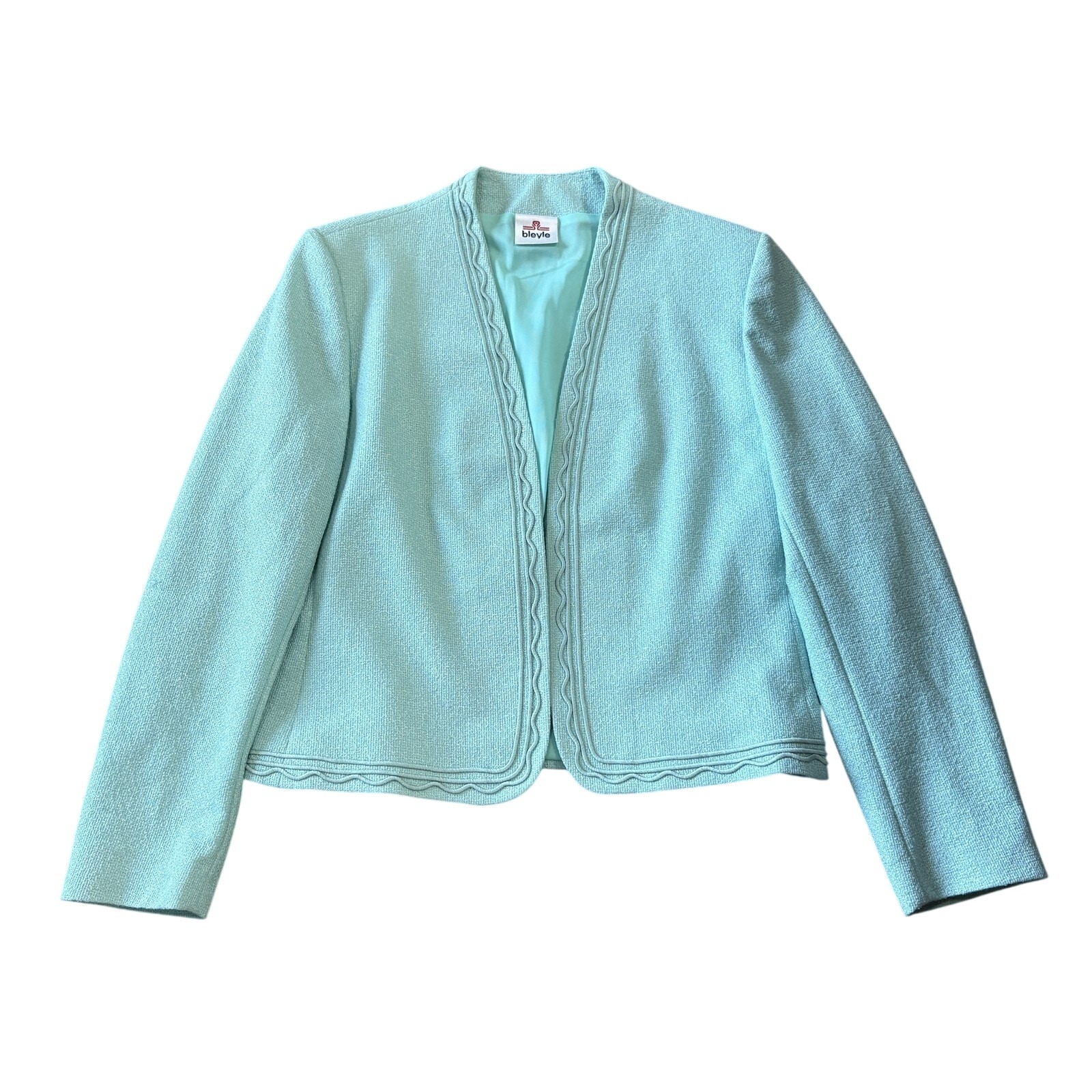 Vintage Bleyle Blazer Women’s Size 10 Aqua Blue Textured Open Front Jacket Lined