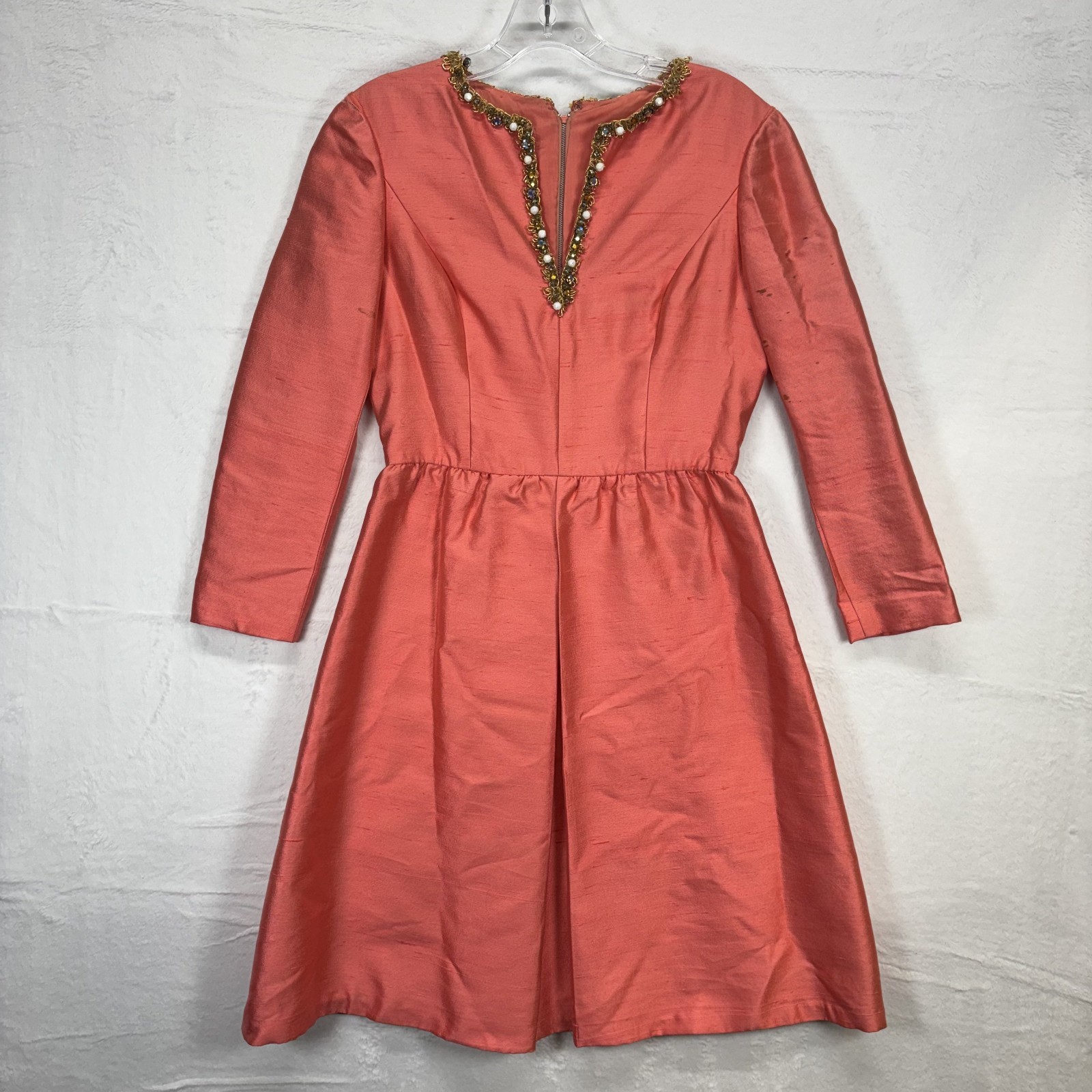 Vintage Gino Charles Dress Silk Wool Pink Beaded V Neck Mod Cocktail 60s Size 6