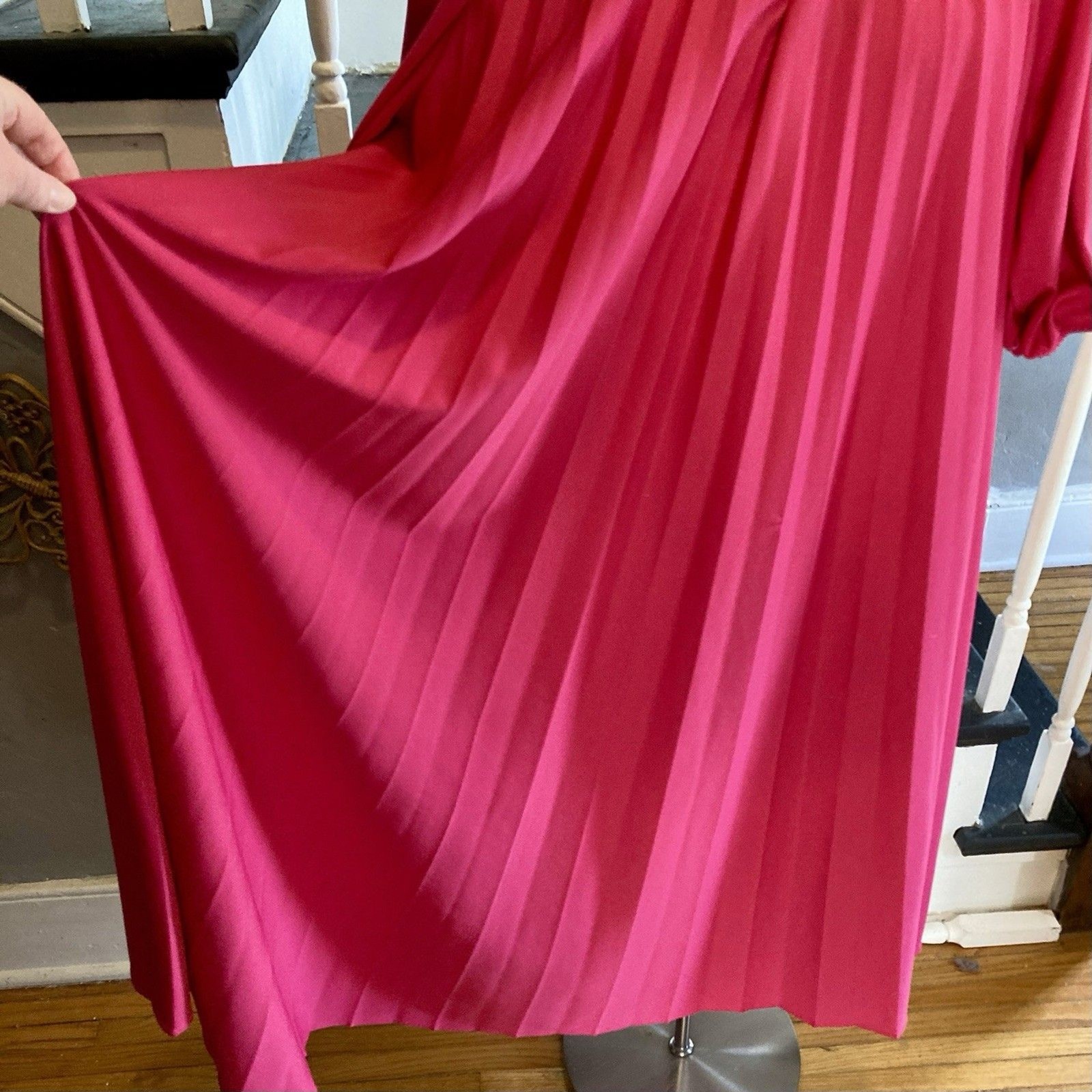 1970s 1980s Knit Lounge Trapeze Dress Hot Pink Fuchsia Pleated Tent Dress