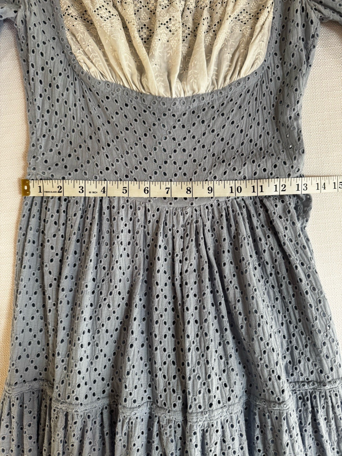 Vtg 70s Milkmaid Maxi Dress Blue Eyelet Lace Corset Peasant Boho Cottagecore S