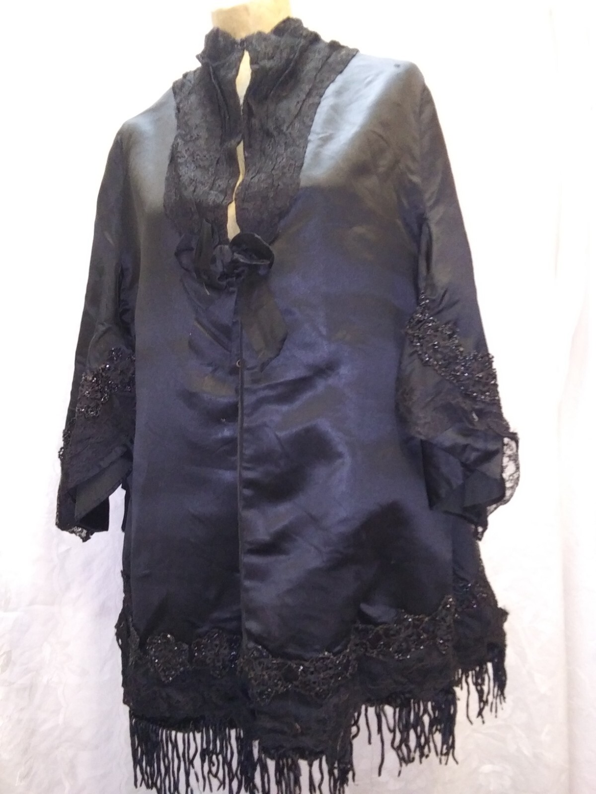 Vintage 1890’s 1900’s Black Satin Rayon Beaded Fringe Lace Coat Size M/L