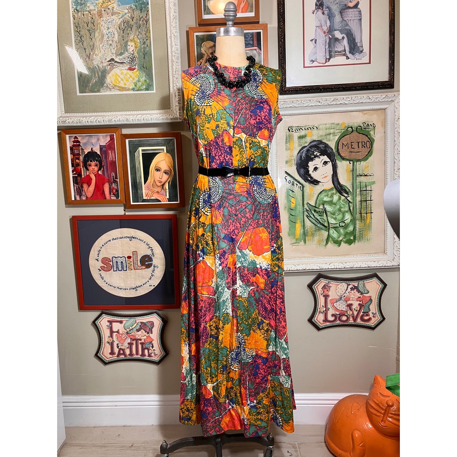 1960s Maxi Dress Earth Tone Abstract Print Nylon Floor Length Sleeveless A-Line