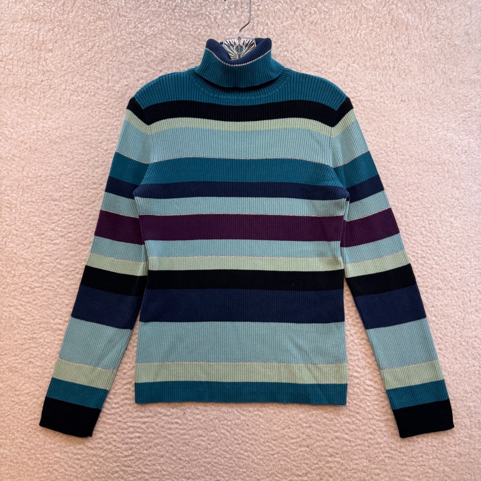 Y2K Vintage Striped Turtleneck Sweater Large XL Womens Blue Purple Rib Knit