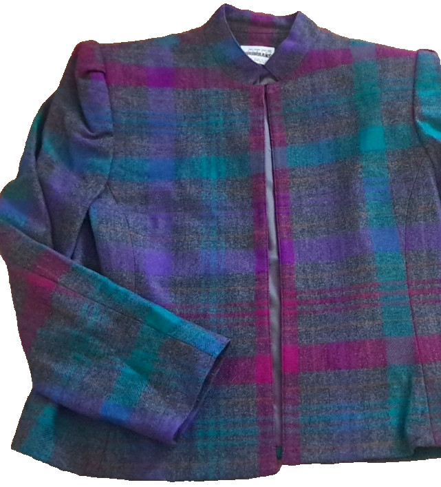 Vintage NEW Womens Plaid Blazer Wool Blend Pink Gray 1990s Purple Cropped Size 8