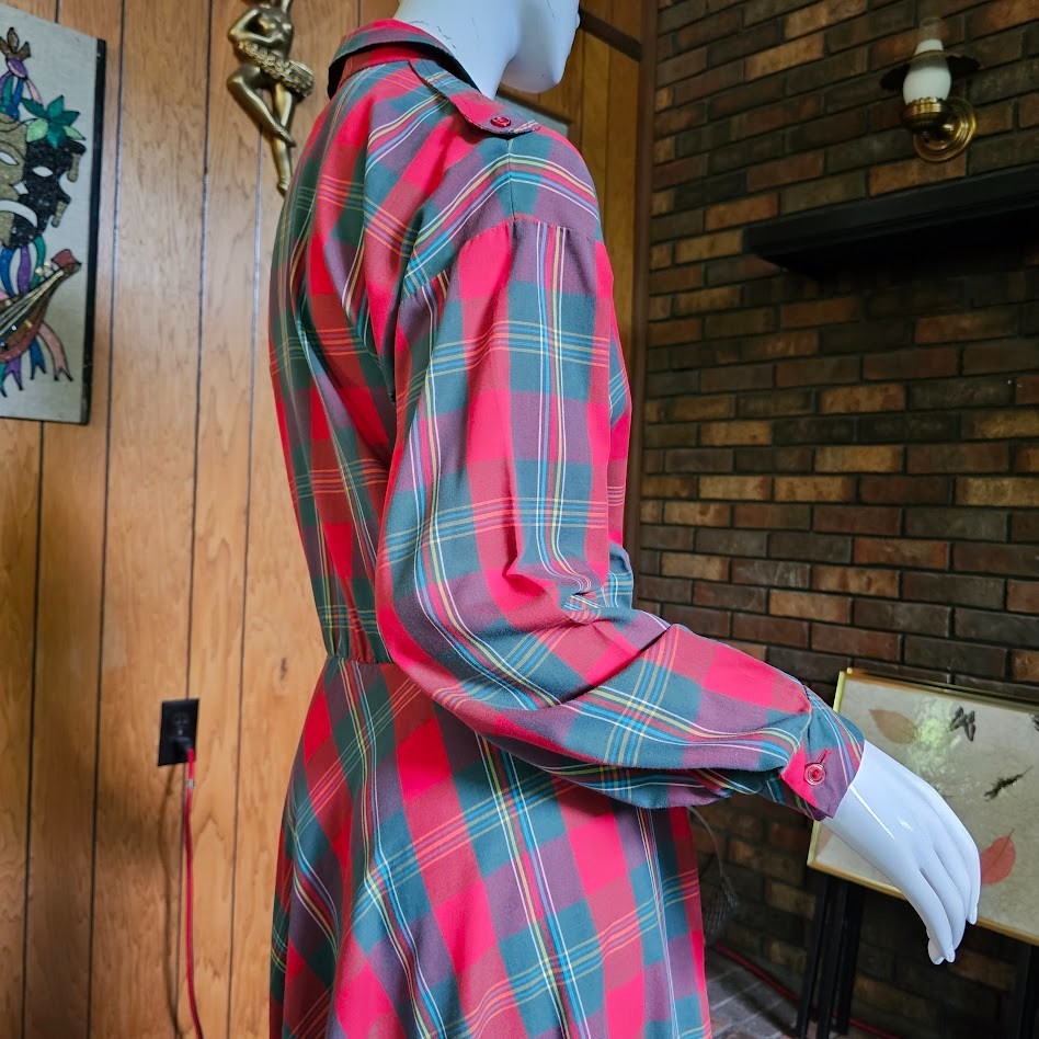 Vtg 80s Tartan Plaid Rockabilly Cowpunk Shirtwaist Full Skirt Swing Dress L/XL