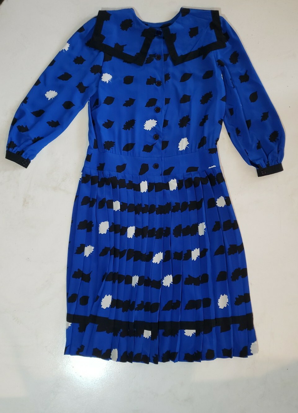 Vtg 80s Royal Blue with black & White silk secretary dress Saks Fifth Avenue 10