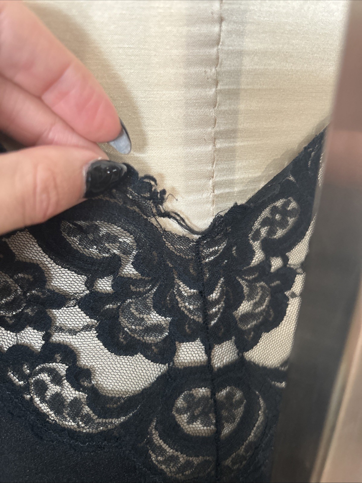 RARE Vtg Glydons Hollywood High Neck Lace Black Nightgown Deep V Low Backless M