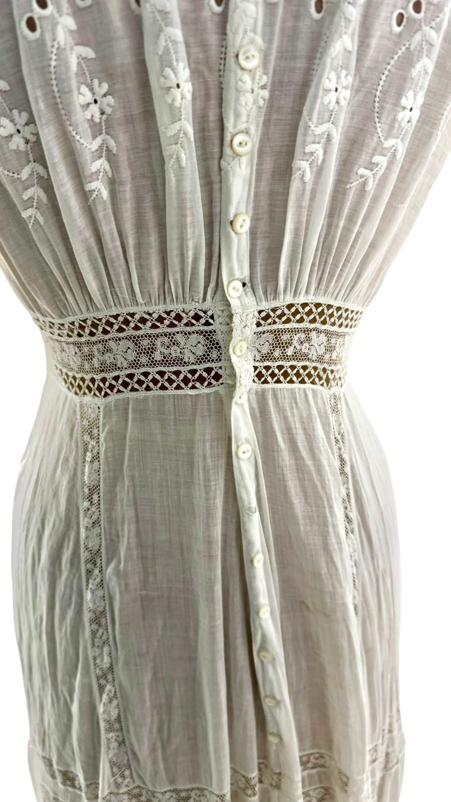 Antique Edwardian White Cotton Eyelet Lace Lawn Dress Small