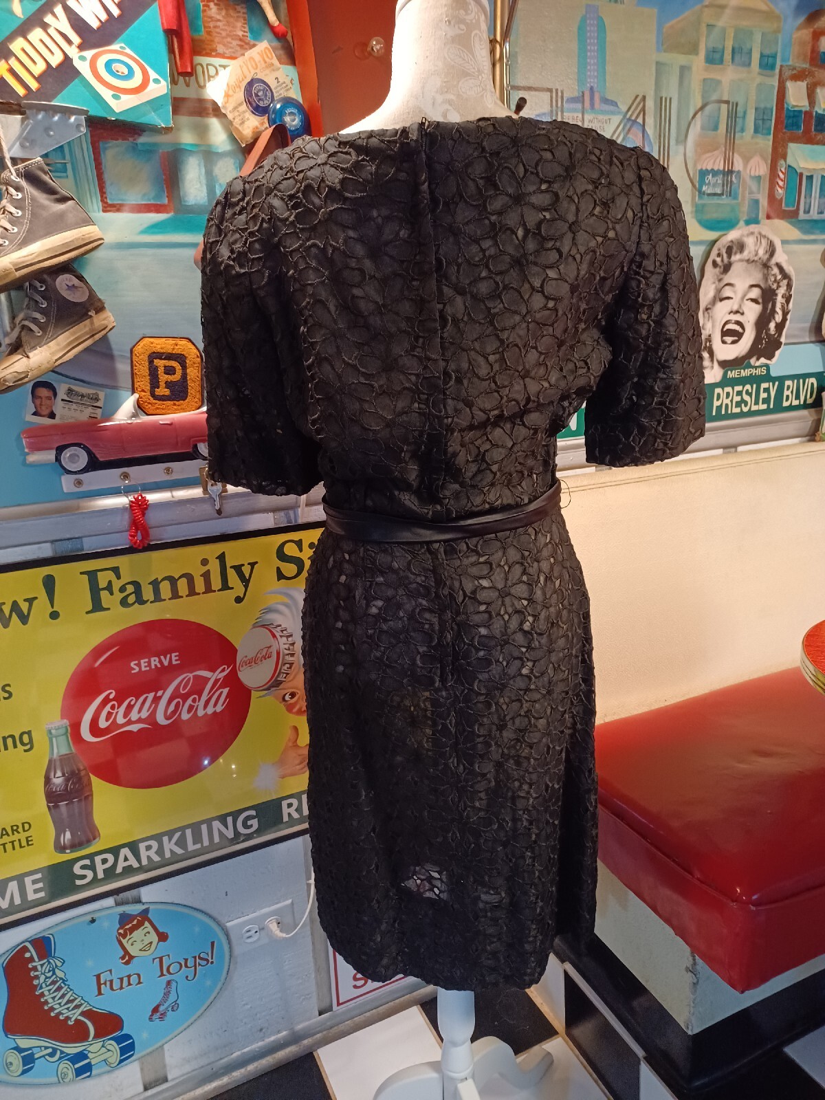 True Vtg Mid-century 1950s 1960s Black Embroidered Cutout Cocktail Dress Mod MCM