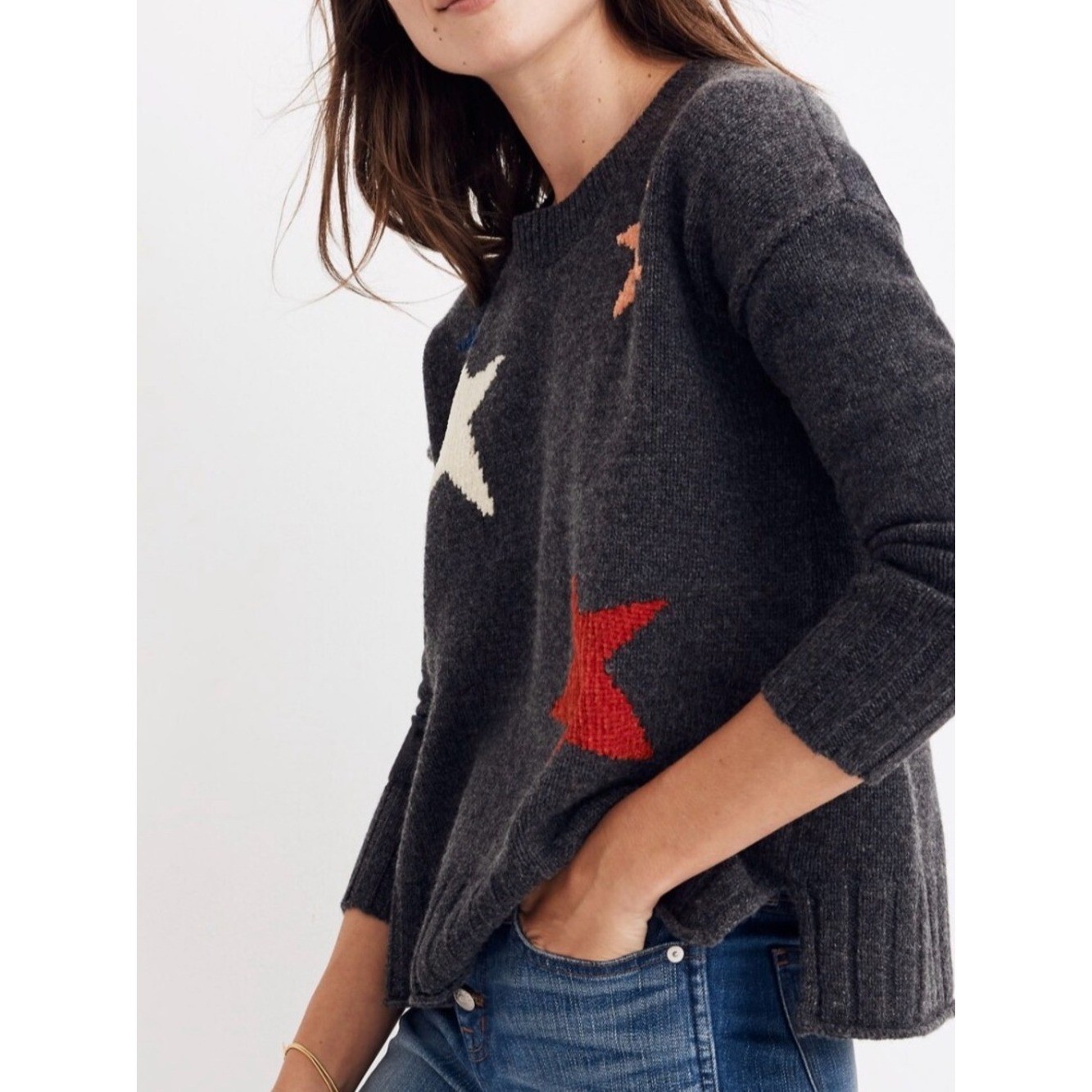 Madewell Starry Night Pullover Sweater Heather Gray Colored Stars Size Medium
