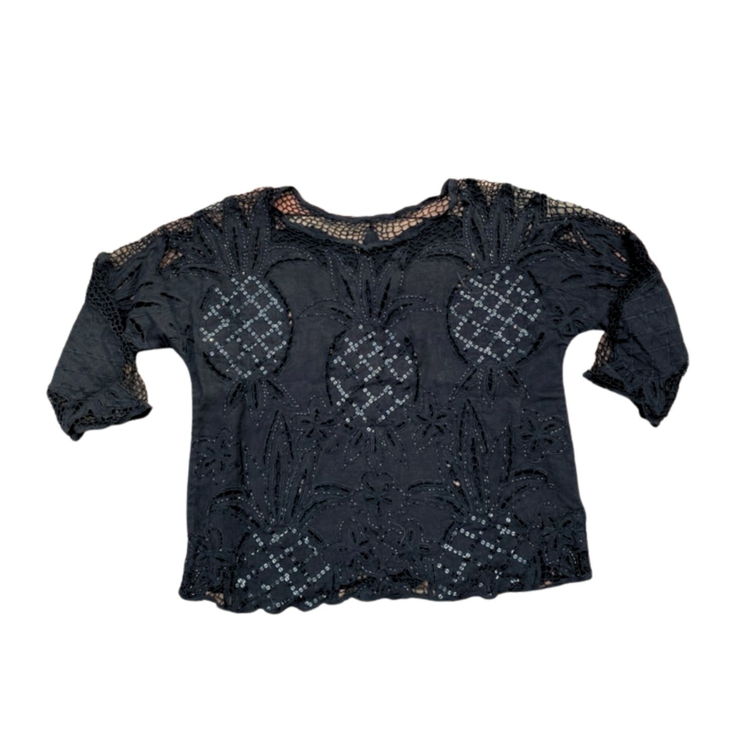 Vintage 1980’s Black Crochet Beaded Top Pineapple Long Sleeve Shirt Medium Sheer